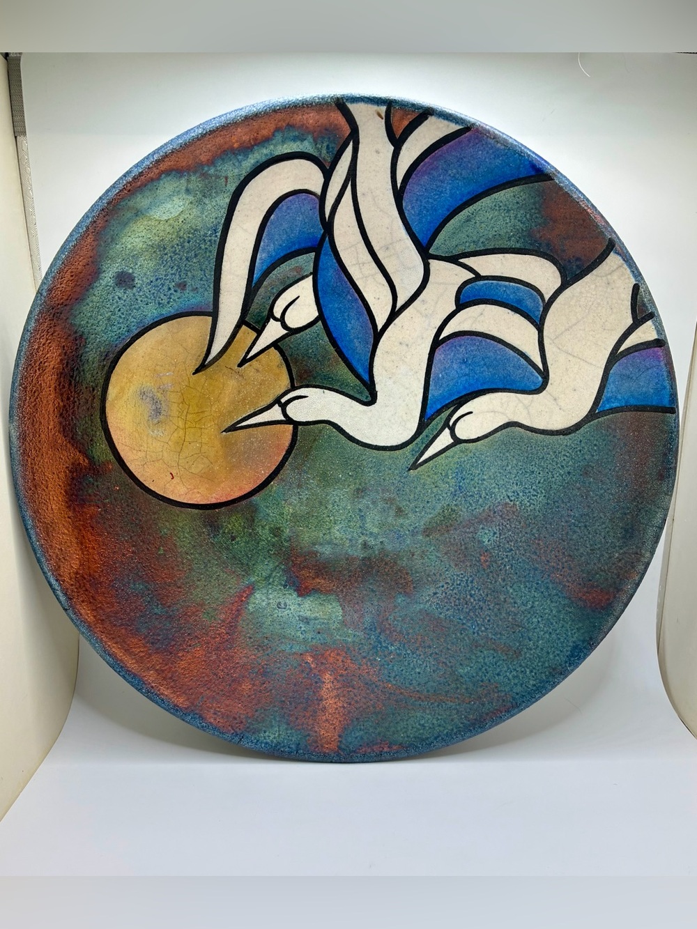 Decorative ceramic Raku snow geese bowl